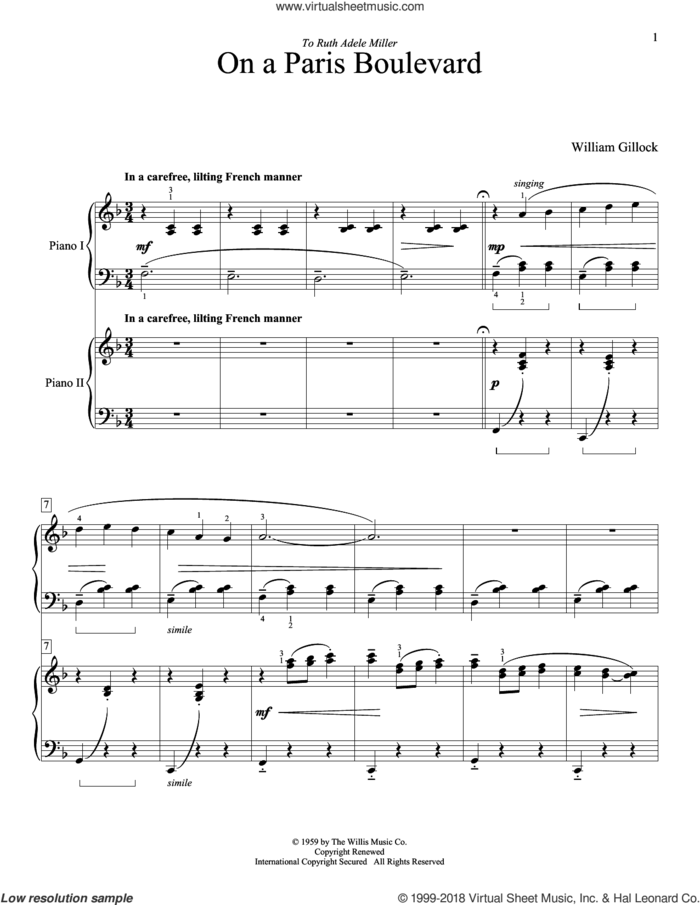 On A Paris Boulevard sheet music for piano four hands by William Gillock, intermediate skill level