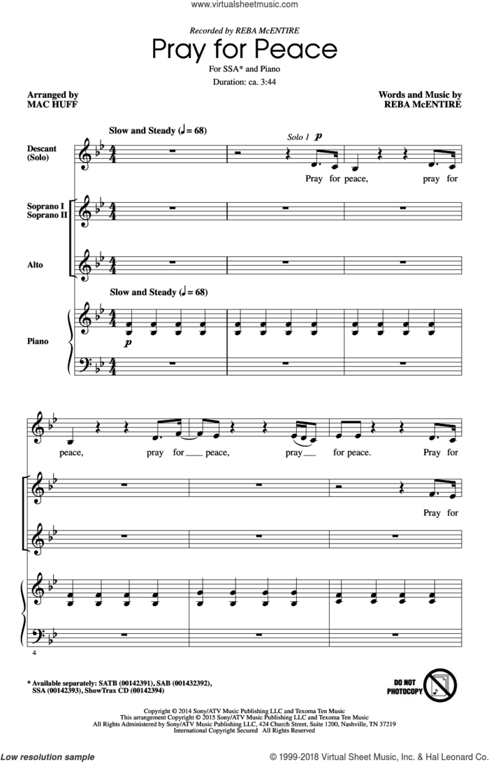 Pray For Peace sheet music for choir (SSA: soprano, alto) by Mac Huff and Reba McEntire, intermediate skill level