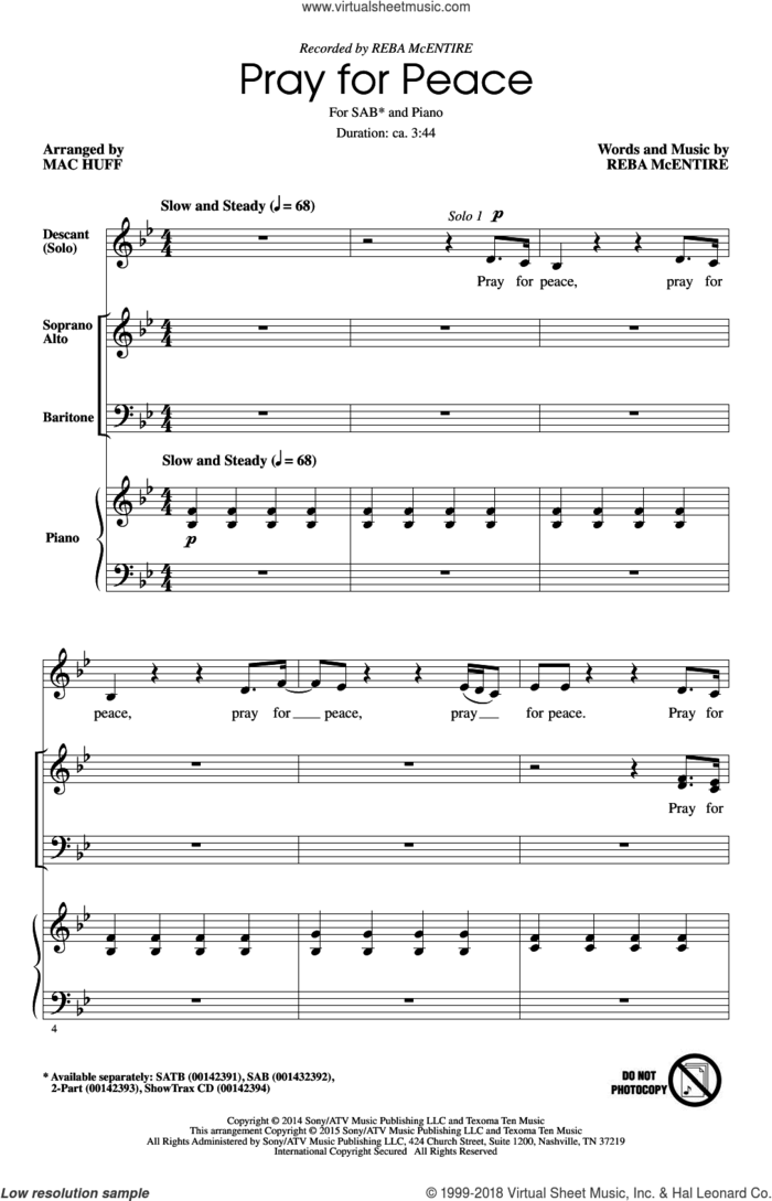 Pray For Peace sheet music for choir (SAB: soprano, alto, bass) by Mac Huff and Reba McEntire, intermediate skill level