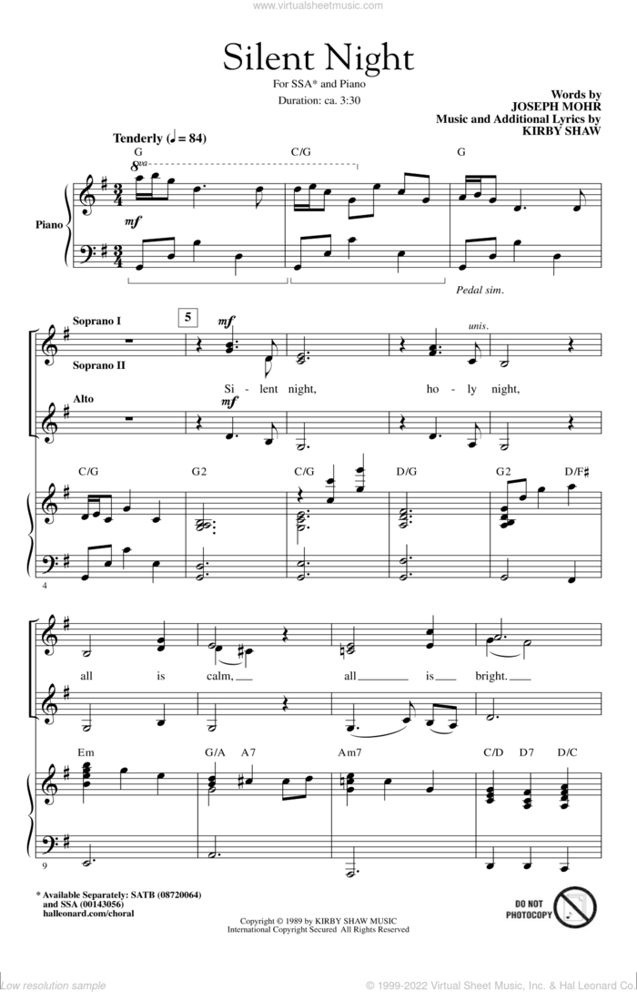 Silent Night sheet music for choir (SSA: soprano, alto) by Kirby Shaw and Joseph Mohr, intermediate skill level