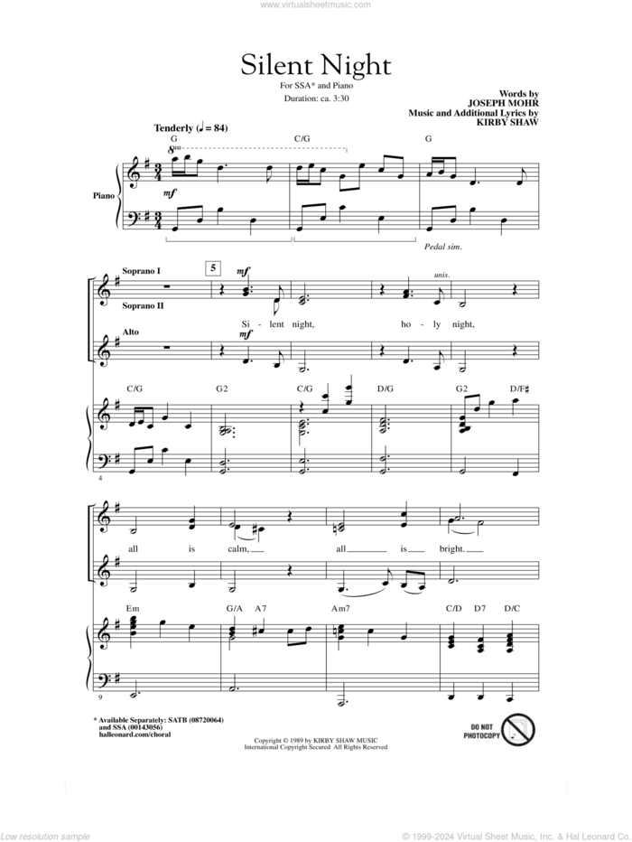 Silent Night sheet music for choir (SSA: soprano, alto) by Kirby Shaw and Joseph Mohr, intermediate skill level