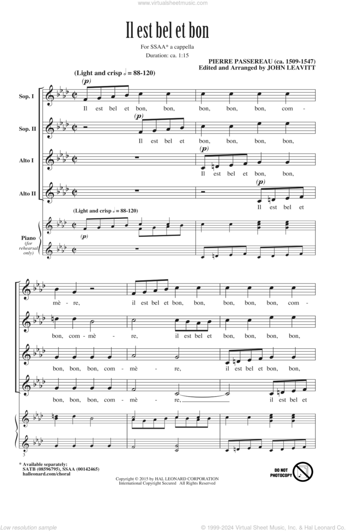 Il Est Bel Et Bon (A Good And Handsome Man) sheet music for choir (SSA: soprano, alto) by John Leavitt and Pierre Passereau, intermediate skill level