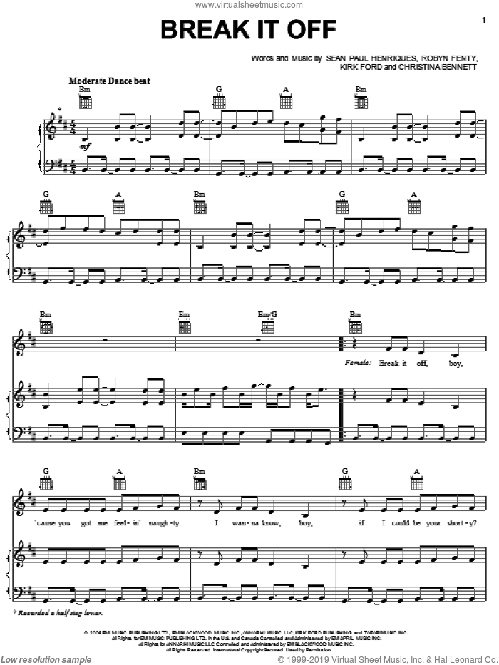 Break It Off sheet music for voice, piano or guitar by Rihanna, Christina Bennett, Kirk Ford, Robyn Fenty and Sean Paul Henriques, intermediate skill level