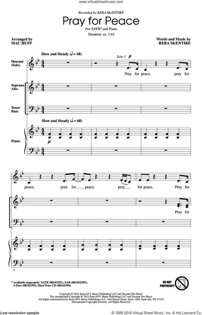 Pray For Peace sheet music for choir (SATB: soprano, alto, tenor, bass) by Mac Huff and Reba McEntire, intermediate skill level