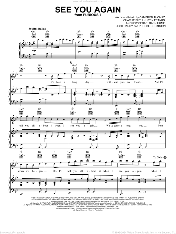 See You Again (feat. Charlie Puth) sheet music for voice, piano or guitar by Wiz Khalifa feat. Charlie Puth, Andrew Cedar, Cameron Thomaz, Charlie Puth, Justin Franks, Wiz Khalifa and Yaseen Zuberi, intermediate skill level