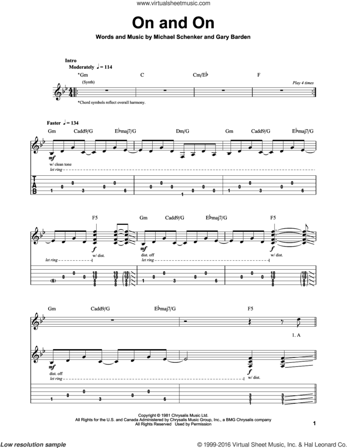 On And On sheet music for guitar (tablature, play-along) by Michael Schenker and Gary Barden, intermediate skill level