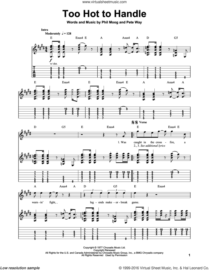 Too Hot To Handle sheet music for guitar (tablature, play-along) by UFO, Pete Way and Phil Moog, intermediate skill level