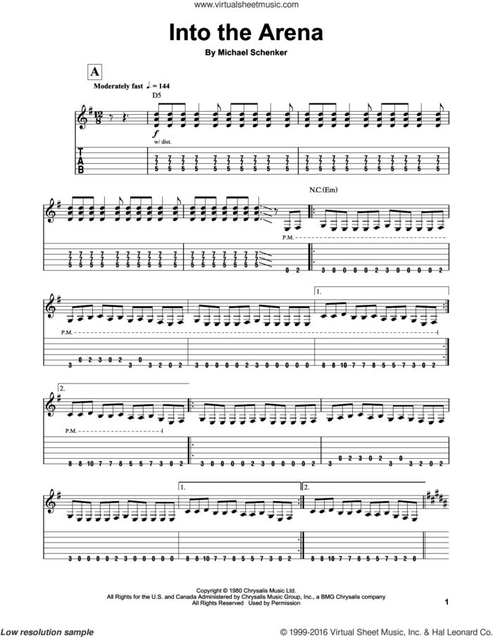Into The Arena sheet music for guitar (tablature, play-along) by Michael Schenker Group and Michael Schenker, intermediate skill level