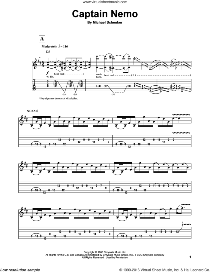Captain Nemo sheet music for guitar (tablature, play-along) by Michael Schenker Group and Michael Schenker, intermediate skill level