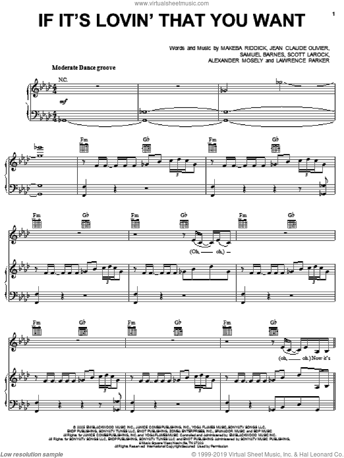 If It's Lovin' That You Want sheet music for voice, piano or guitar by Rihanna, Alexander Mosely, Jean Claude Olivier, Lawrence Parker, Makeba Riddick, Samuel Barnes and Scott Larock, intermediate skill level