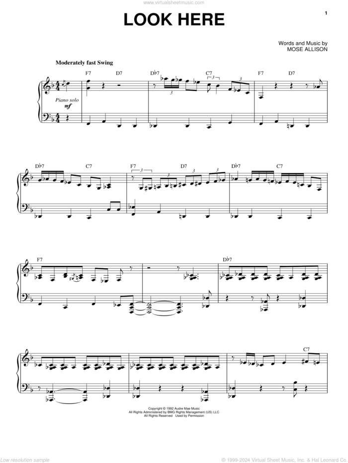 Look Here sheet music for voice and piano by Mose Allison, intermediate skill level