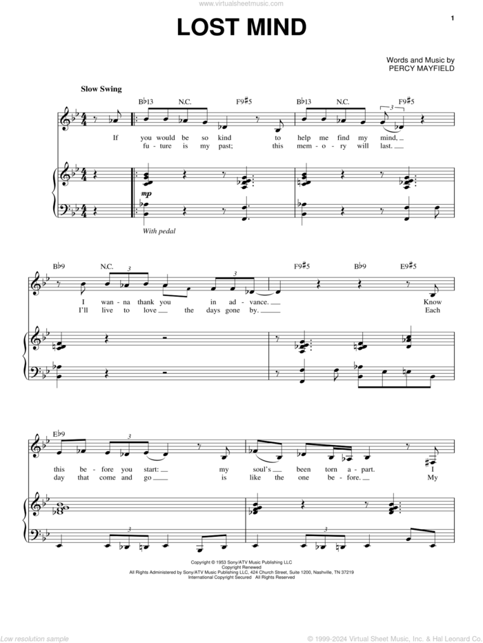 Lost Mind sheet music for voice and piano by Mose Allison, Diana Krall and Percy Mayfield, intermediate skill level