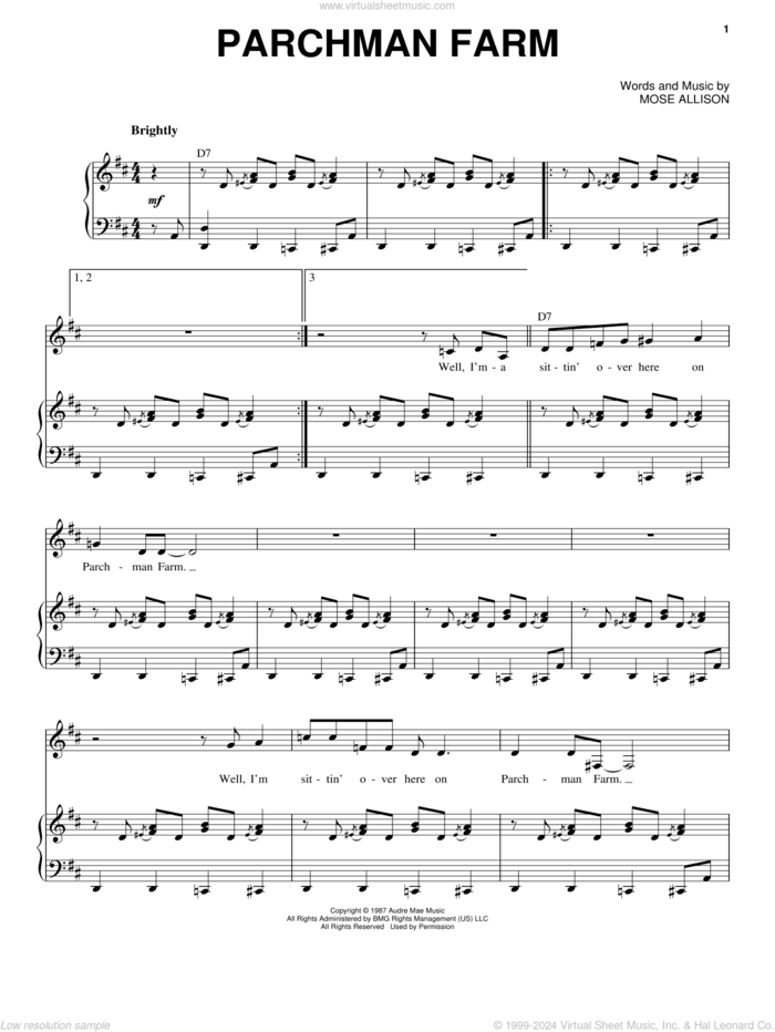 Parchman Farm sheet music for voice and piano by Mose Allison, intermediate skill level