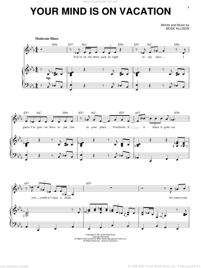 Your Mind Is On Vacation sheet music for voice and piano by Mose Allison, intermediate skill level