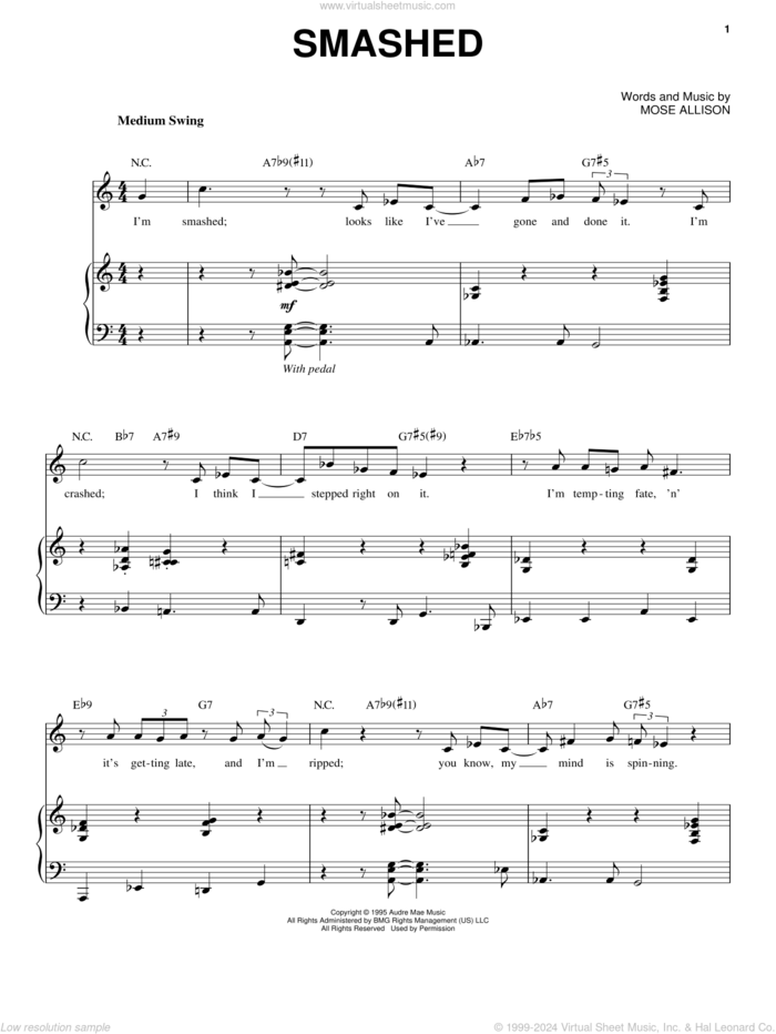 Smashed sheet music for voice and piano by Mose Allison, intermediate skill level