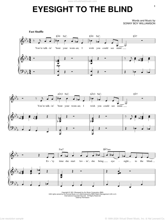 Eyesight To The Blind sheet music for voice and piano by Mose Allison and Sonny Boy Williamson, intermediate skill level