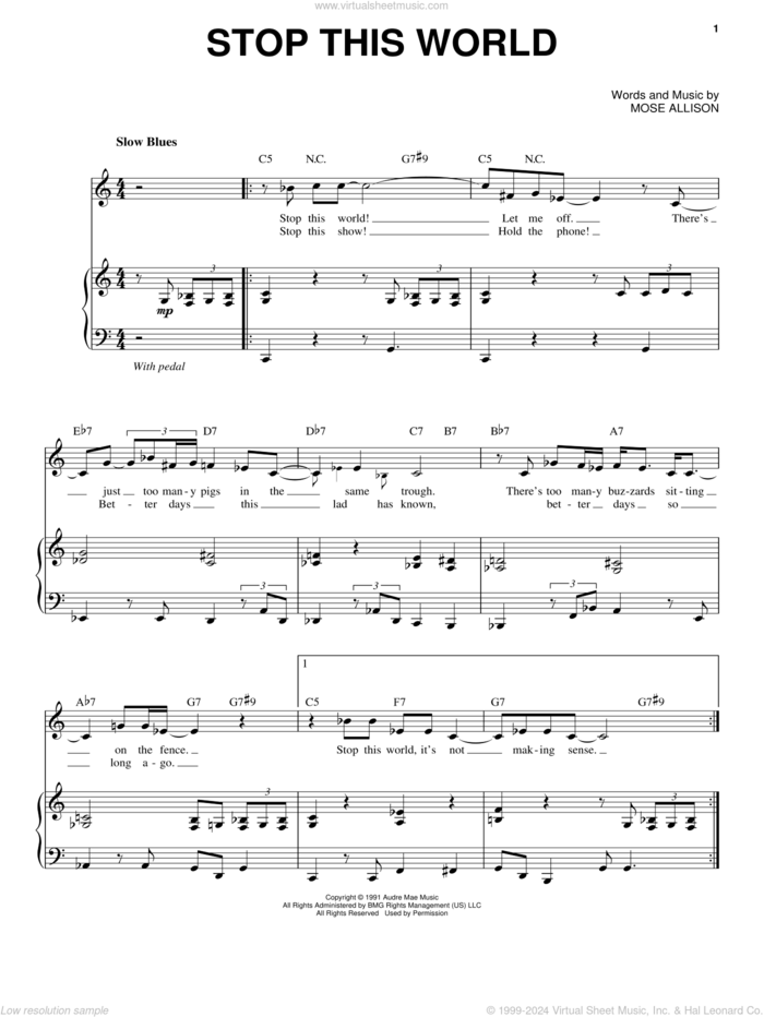 Stop This World sheet music for voice and piano by Mose Allison and Diana Krall, intermediate skill level