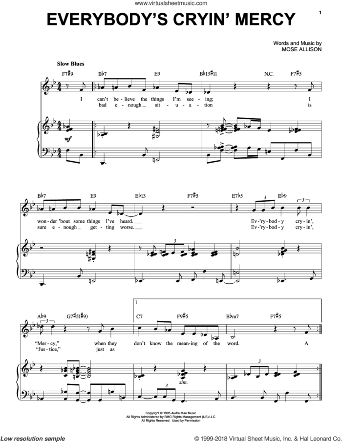 Everybody's Cryin' Mercy sheet music for voice and piano by Mose Allison, intermediate skill level