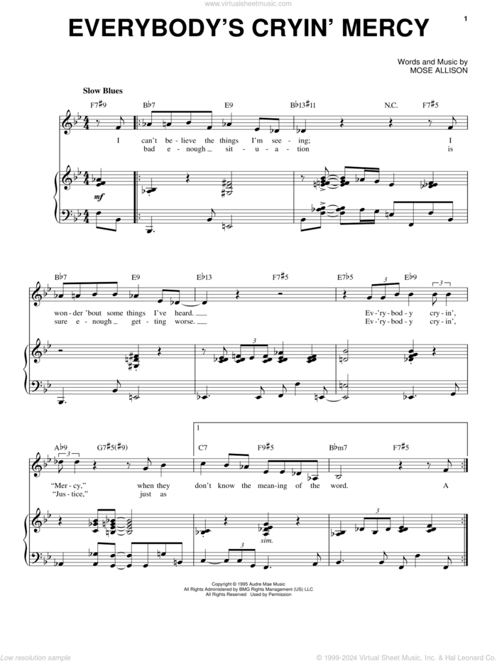 Everybody's Cryin' Mercy sheet music for voice and piano by Mose Allison, intermediate skill level