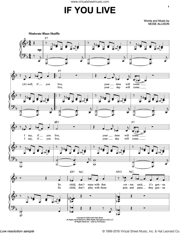If You Live sheet music for voice and piano by Mose Allison, intermediate skill level