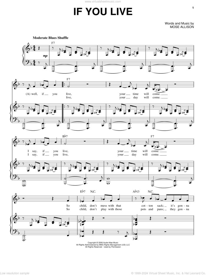 If You Live sheet music for voice and piano by Mose Allison, intermediate skill level