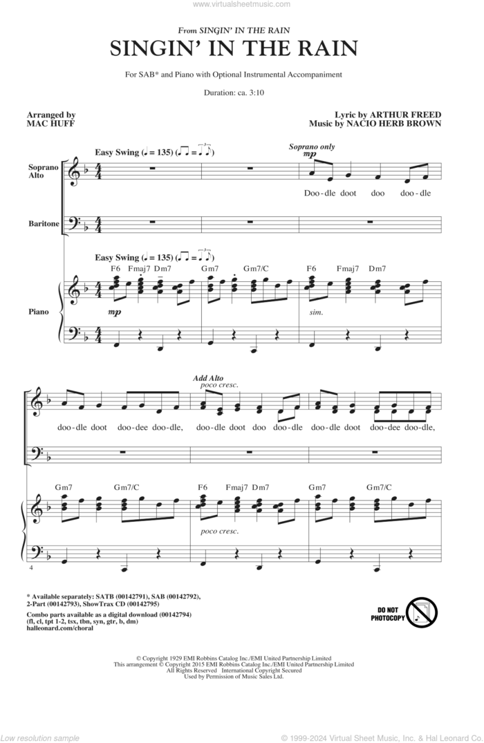 Singin' In The Rain (arr. Mac Huff) sheet music for choir (SAB: soprano, alto, bass) by Mac Huff, Gene Kelly, Arthur Freed and Nacio Herb Brown, intermediate skill level