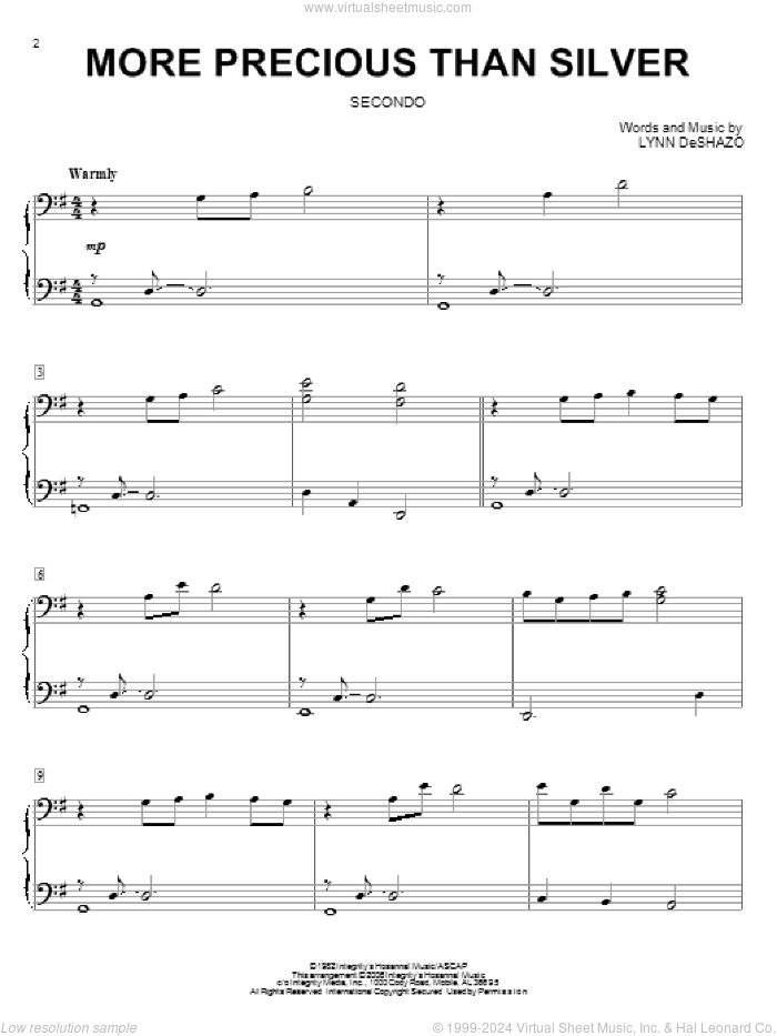 More Precious Than Silver sheet music for piano four hands by Lynn DeShazo, intermediate skill level