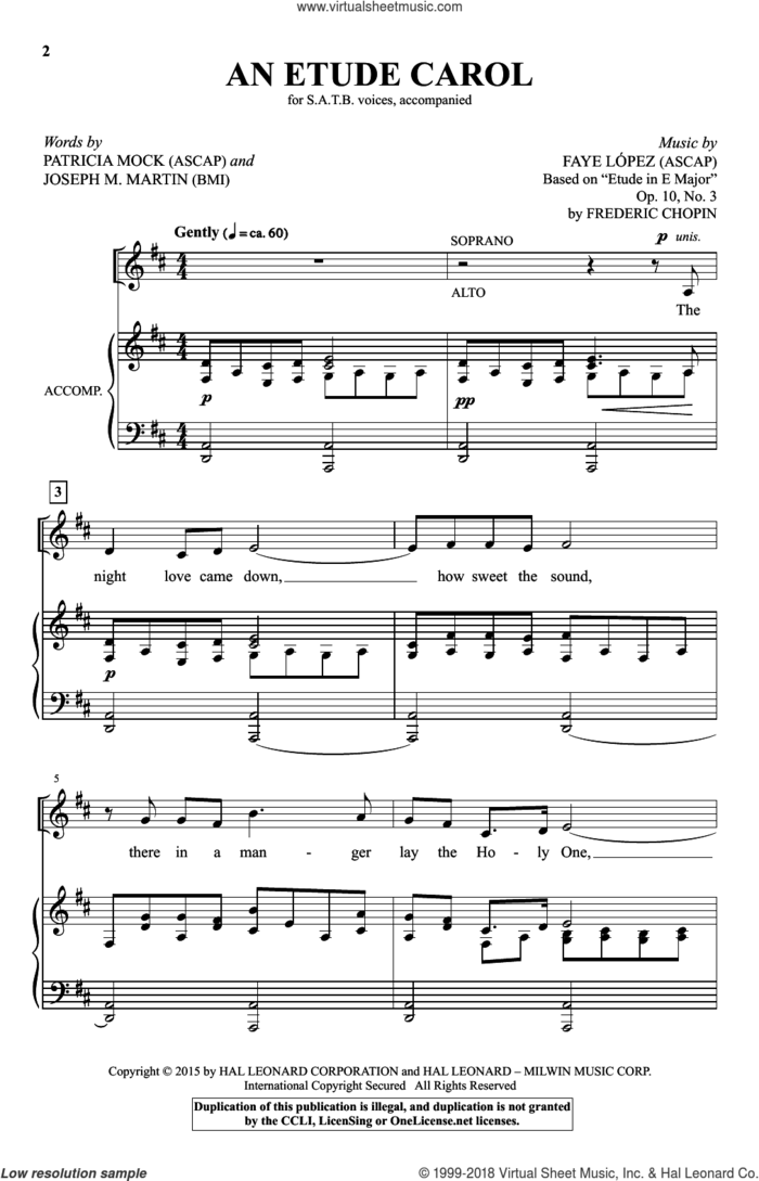 An Etude Carol sheet music for choir (SATB: soprano, alto, tenor, bass) by Faye Lopez, Frederic Chopin, Joseph M. Martin and Patricia Mock, intermediate skill level