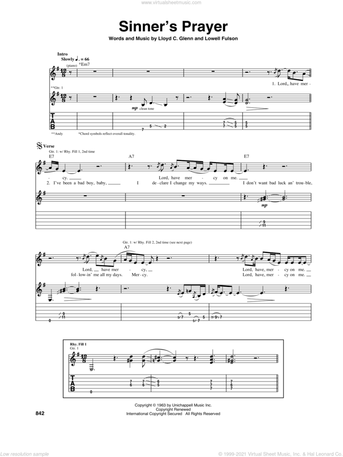 Sinner's Prayer sheet music for guitar (tablature) by Eric Clapton, Lloyd C. Glenn and Lowell Fulson, intermediate skill level