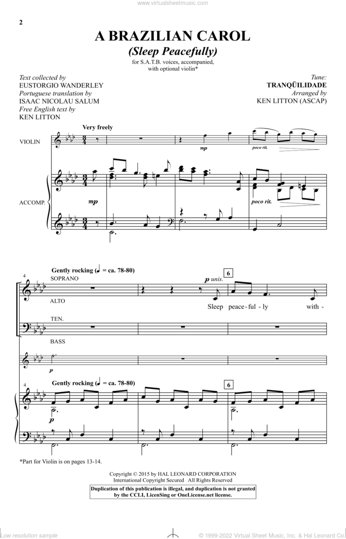 A Brazilian Carol (Sleep Peacefully) sheet music for choir by Ken Litton, Isaac Nocolau Salum, Northeast Brazilian Lullaby and Tranqilidade, intermediate skill level