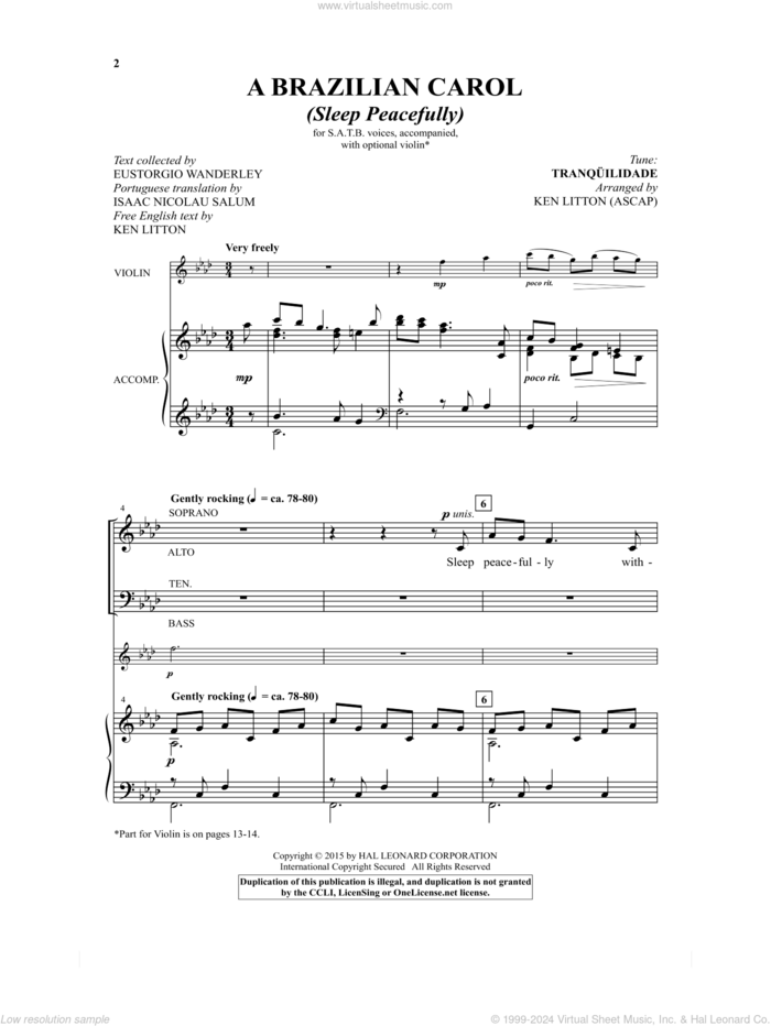 A Brazilian Carol (Sleep Peacefully) sheet music for choir by Ken Litton, Isaac Nocolau Salum, Northeast Brazilian Lullaby and Tranqilidade, intermediate skill level