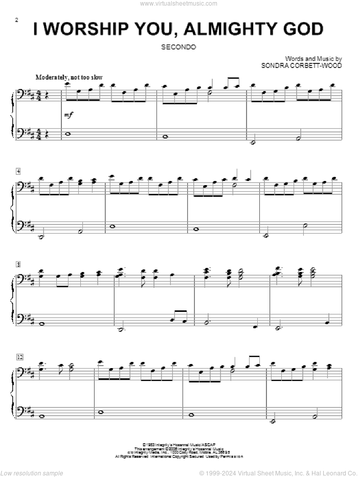 I Worship You, Almighty God sheet music for piano four hands by Sondra Corbett-Wood, intermediate skill level