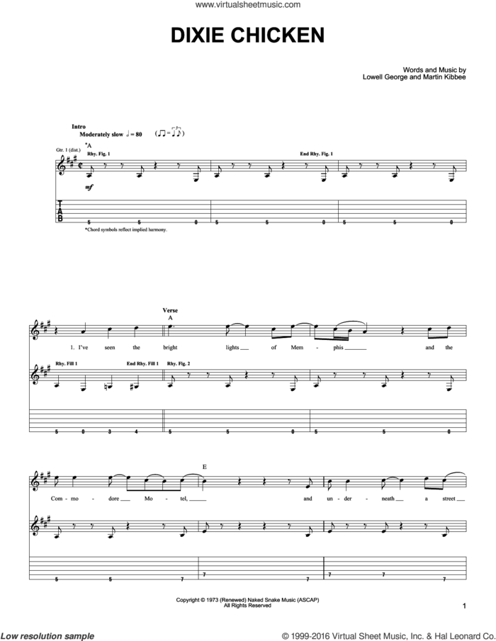 Dixie Chicken sheet music for guitar solo (chords) by Little Feat, Lowell George and Martin Kibbee, easy guitar (chords)