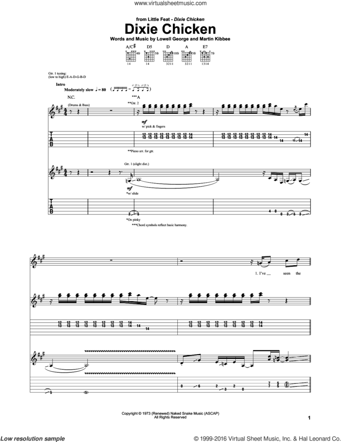Dixie Chicken sheet music for guitar (tablature) by Little Feat, Lowell George and Martin Kibbee, intermediate skill level