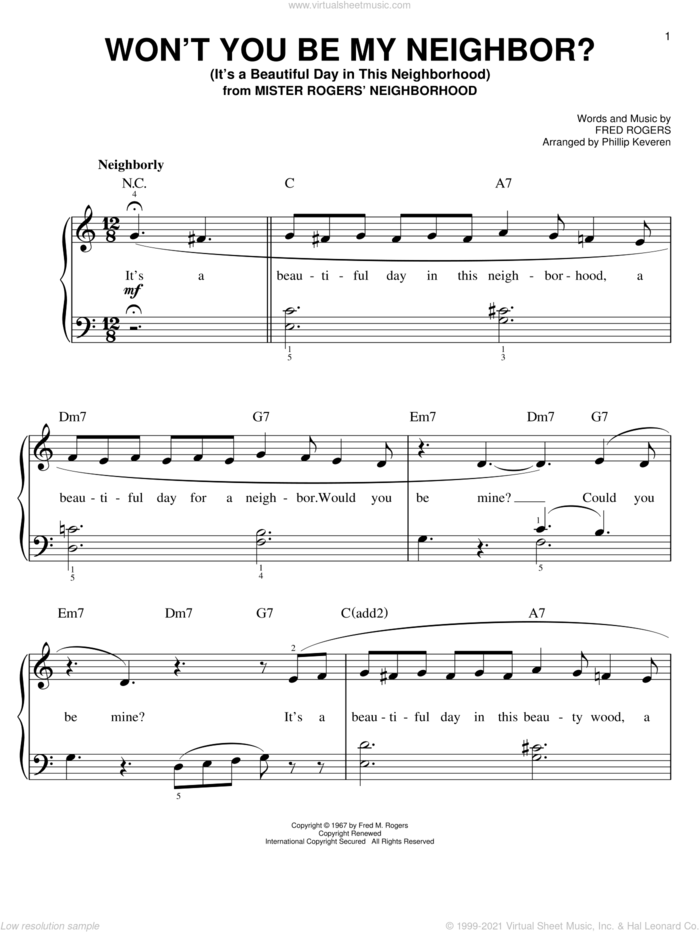 Won't You Be My Neighbor? (It's A Beautiful Day In The Neighborhood) (arr. Phillip Keveren) sheet music for piano solo by Fred Rogers and Phillip Keveren, easy skill level