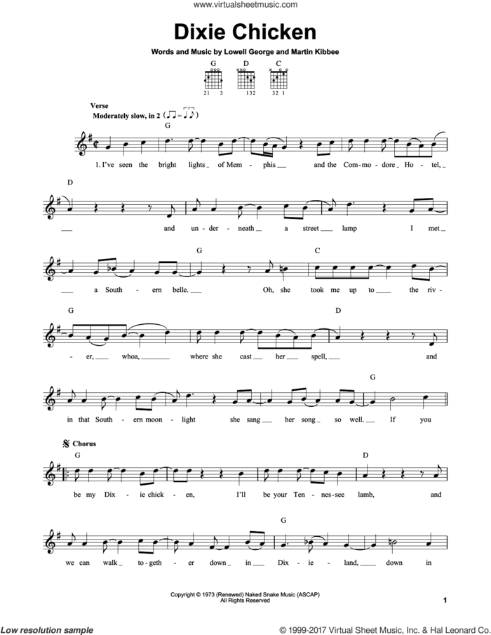 Dixie Chicken sheet music for guitar solo (chords) by Little Feat, Lowell George and Martin Kibbee, easy guitar (chords)
