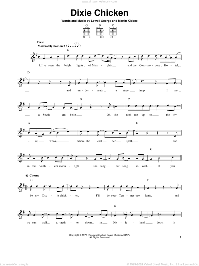 Dixie Chicken sheet music for guitar solo (chords) by Little Feat, Lowell George and Martin Kibbee, easy guitar (chords)