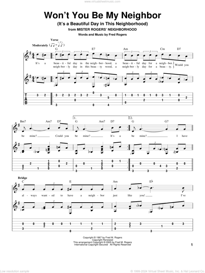 Won't You Be My Neighbor? (It's A Beautiful Day In The Neighborhood) sheet music for guitar solo by Fred Rogers, intermediate skill level