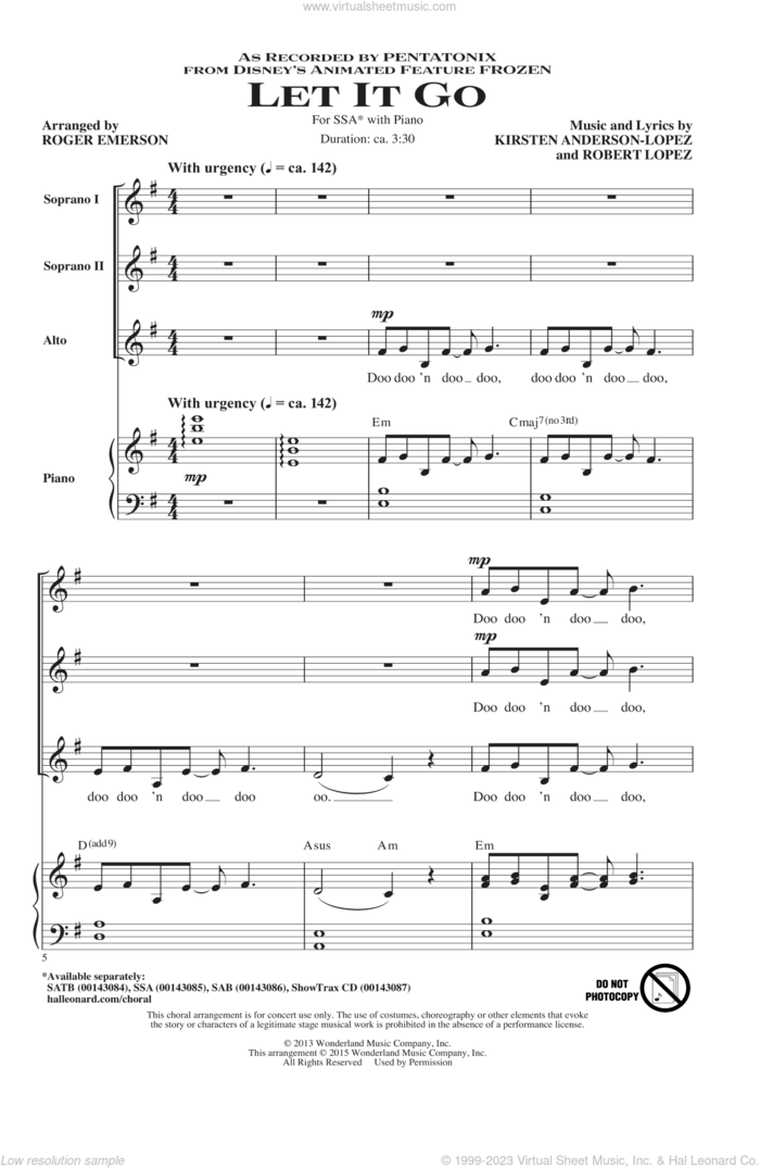 Let It Go (from Frozen) (arr. Roger Emerson) sheet music for choir (SSA: soprano, alto) by Roger Emerson, Idina Menzel, Kristen Anderson-Lopez, Pentatonix and Robert Lopez, intermediate skill level