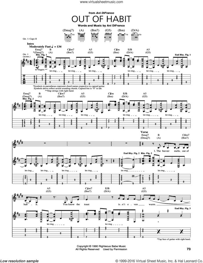 Out Of Habit sheet music for guitar (tablature) by Ani DiFranco, intermediate skill level
