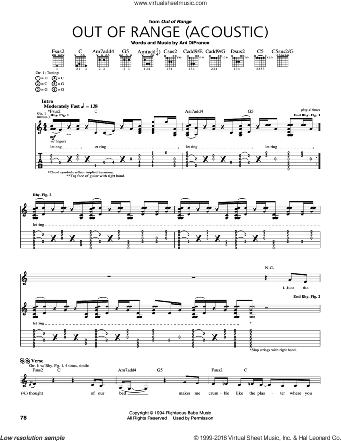 Out Of Range sheet music for guitar (tablature) by Ani DiFranco, intermediate skill level