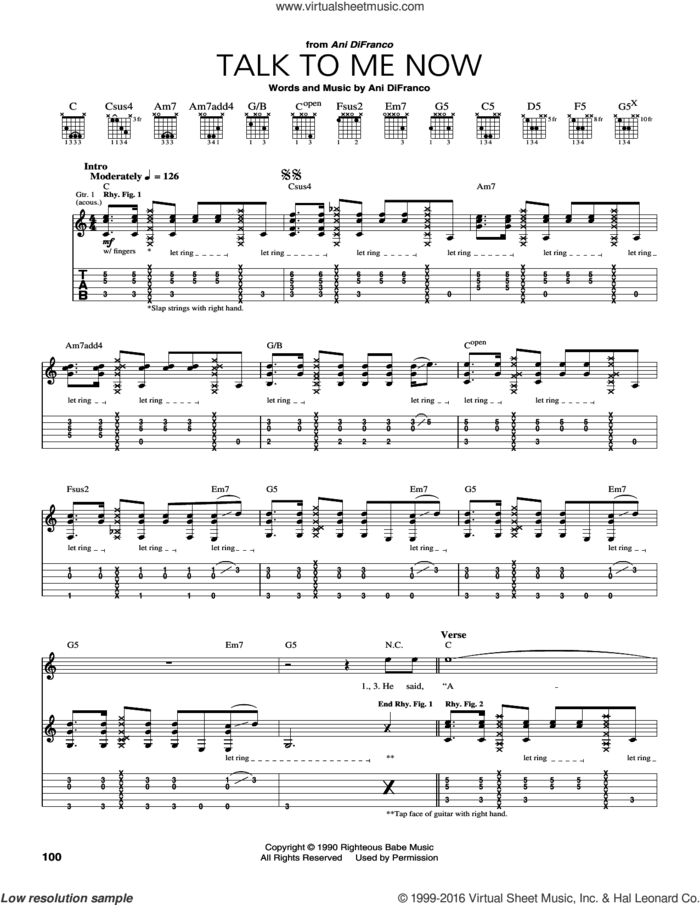 Talk To Me Now sheet music for guitar (tablature) by Ani DiFranco, intermediate skill level