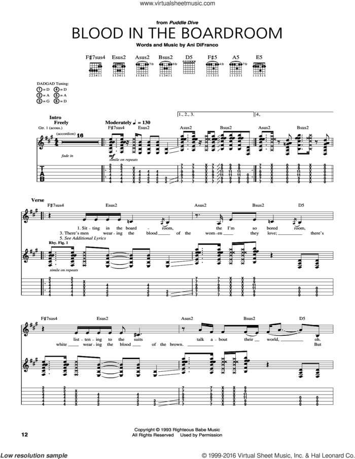 Blood In The Boardroom sheet music for guitar (tablature) by Ani DiFranco, intermediate skill level