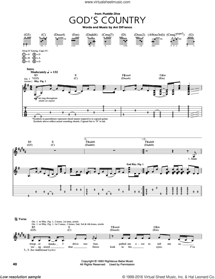 God's Country sheet music for guitar (tablature) by Ani DiFranco, intermediate skill level