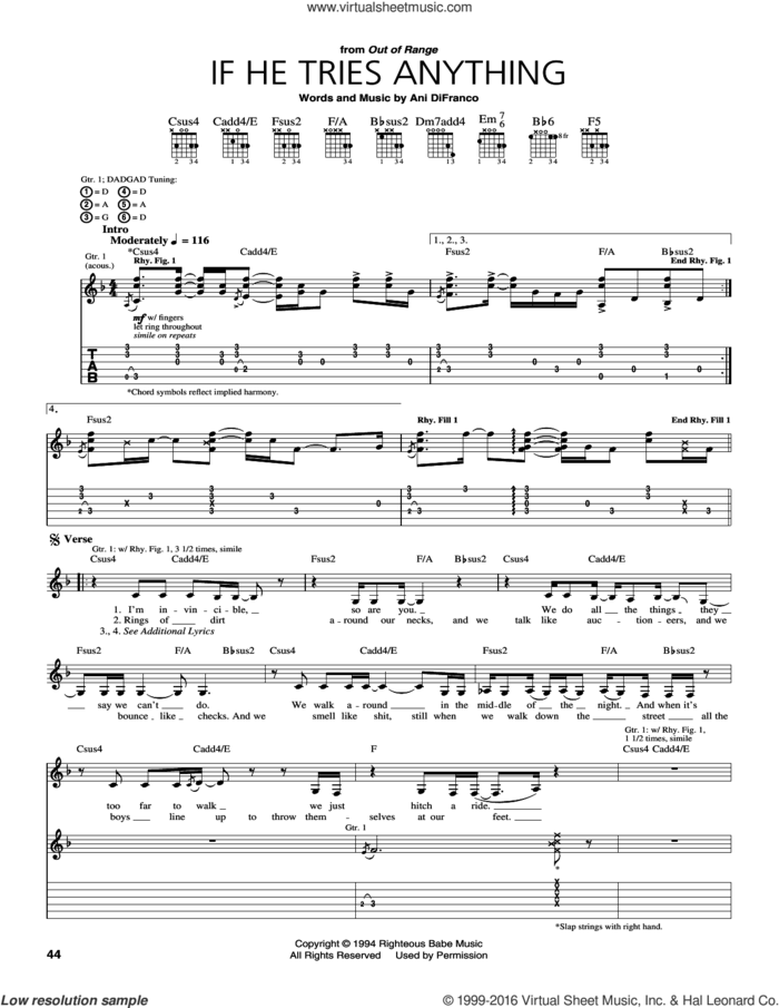 If He Tries Anything sheet music for guitar (tablature) by Ani DiFranco, intermediate skill level