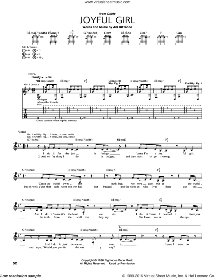 Joyful Girl sheet music for guitar (tablature) by Ani DiFranco, intermediate skill level