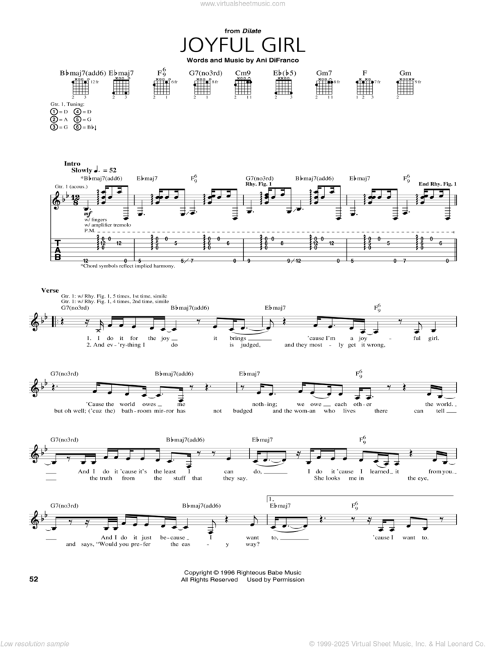 Joyful Girl sheet music for guitar (tablature) by Ani DiFranco, intermediate skill level