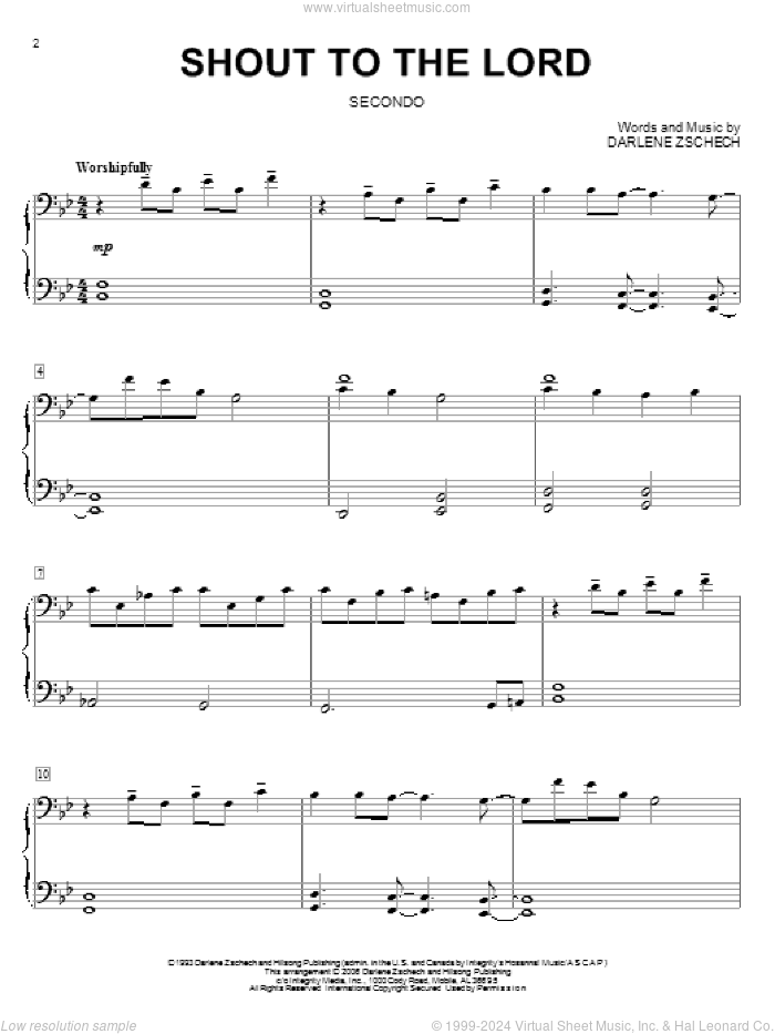 Shout To The Lord sheet music for piano four hands by Hillsong, Carman and Darlene Zschech, intermediate skill level