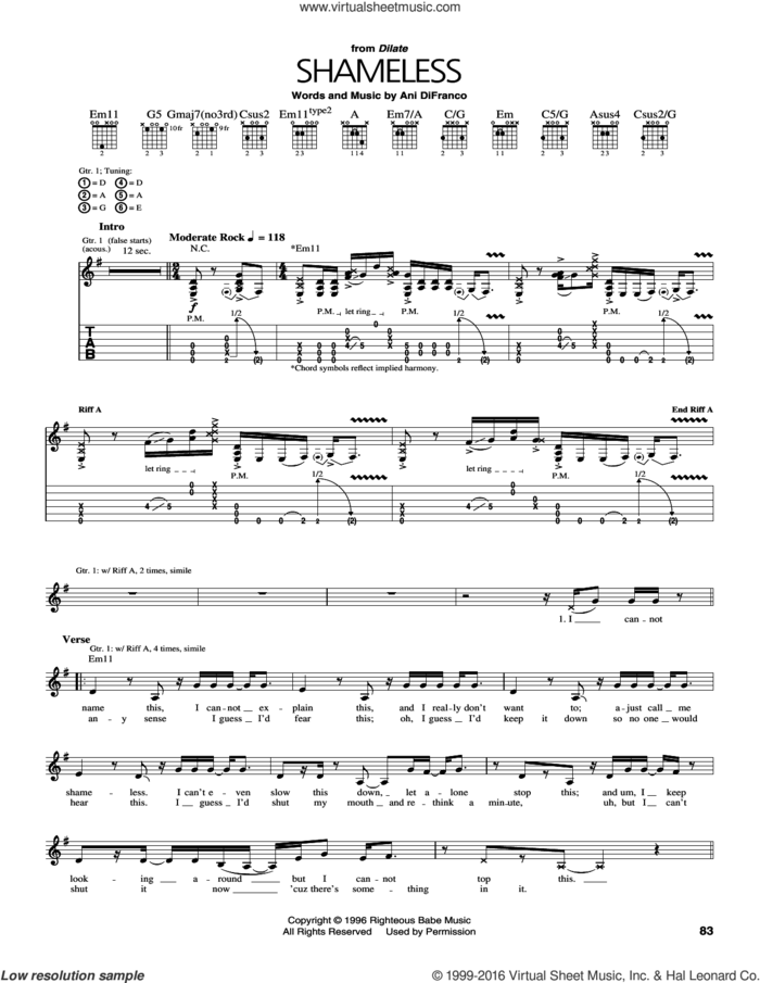 Shameless sheet music for guitar (tablature) by Ani DiFranco, intermediate skill level