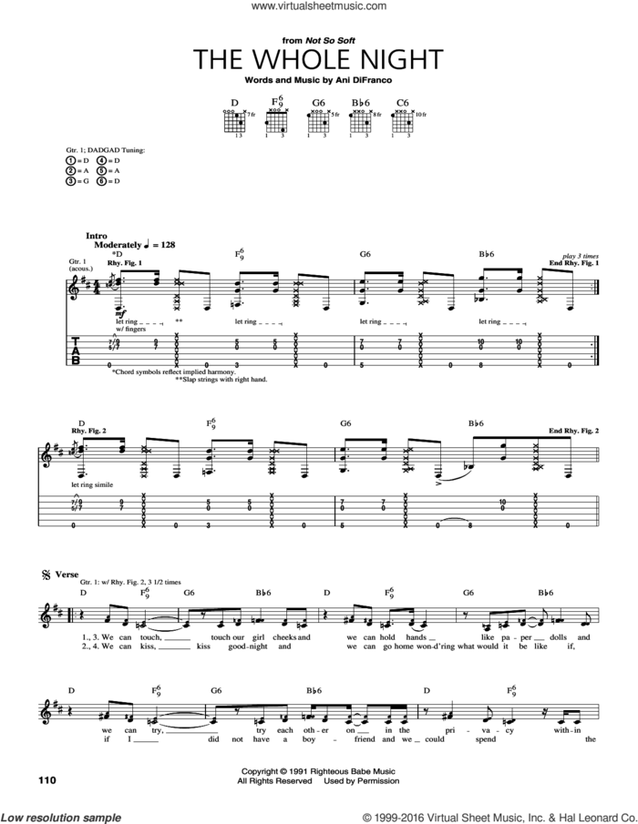 The Whole Night sheet music for guitar (tablature) by Ani DiFranco, intermediate skill level